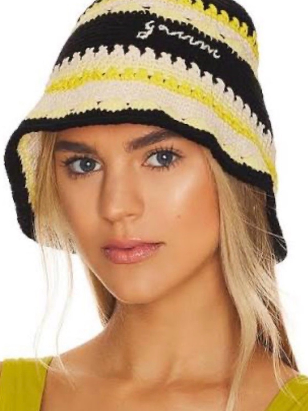 Ganni Striped Crochet Bucket Hat – Black, Yellow & Cream